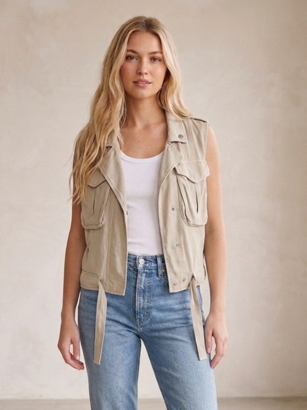 Kensie Jeans Khaki Utility Vest Safari Cargo Pockets Soft Rayon Sz M